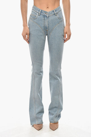 Jeans Bootcut in Misto Cotone con Cristalli All-Over 22cm