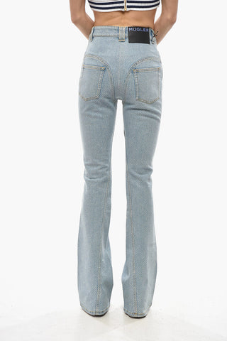 Jeans Bootcut in Misto Cotone con Cristalli All-Over 22cm