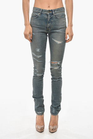 Jeans Slim Fit a Vita Alta Distressed 14cm