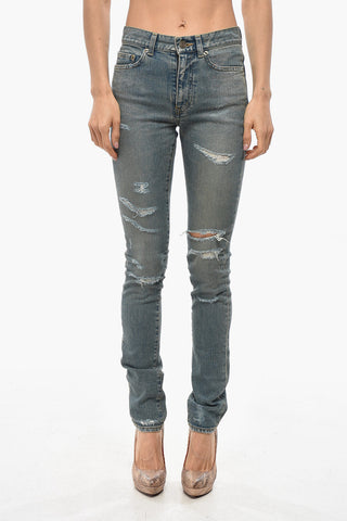 Jeans Slim Fit a Vita Alta Distressed 14cm
