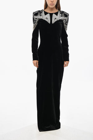 Maxi Velour Dress with Jewels and Open Back