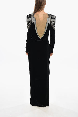 Maxi Velour Dress with Jewels and Open Back