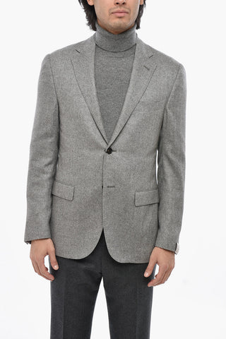 Giacca a 2 Bottoni in Seta e Cashmere a Motivo Herringbone