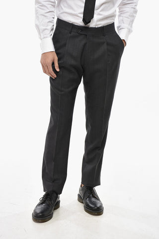 CC COLLECTION Two-Button Chalk-Stripe Virgin Wool Suit with Turn-Up Hem