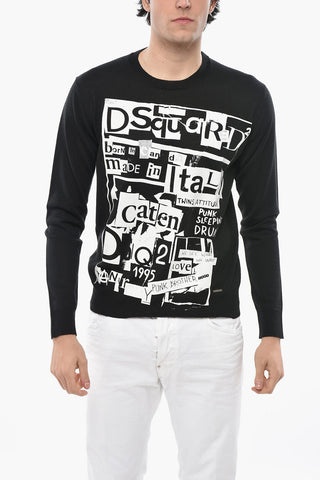 Crewneck NEWSPAPER Mixed Wool Sweater with Print