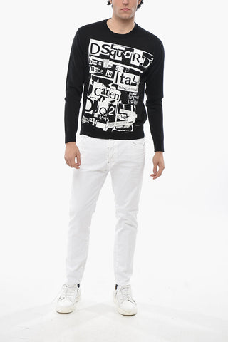 Crewneck NEWSPAPER Mixed Wool Sweater with Print