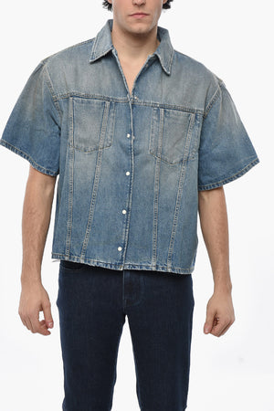 Camicia in Denim a Maniche Corte con Bottoni a Pressione