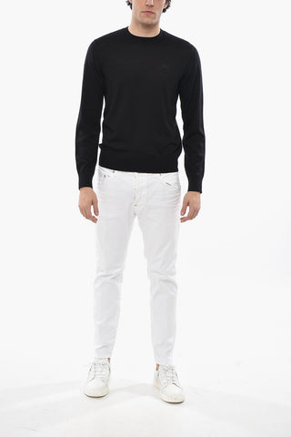 Crew Neck Virgin Wool Sweater with Embroidered Logo
