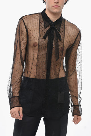 Sheer Tie-Neck Shirt with All-Over Crystals