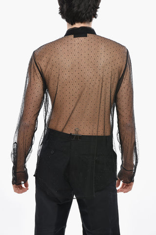 Sheer Tie-Neck Shirt with All-Over Crystals
