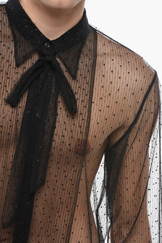 Sheer Tie-Neck Shirt with All-Over Crystals