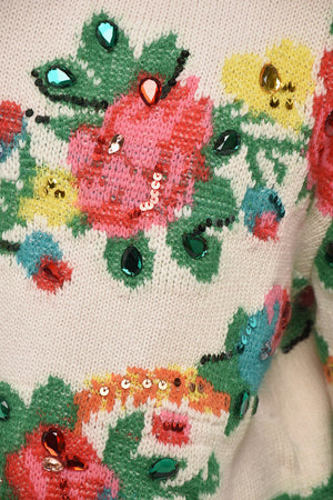 Rundhalspullover EURIDICE mit floralen Stickereien, verziert mit Pailletten und Schmucksteinen