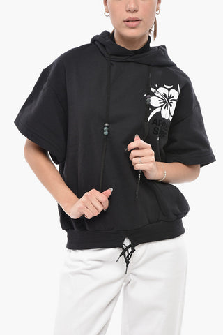 Felpa Hoodie a Maniche Corte LINDA con Stampa Floccata