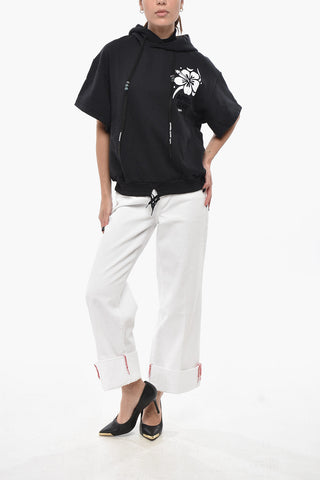 Felpa Hoodie a Maniche Corte LINDA con Stampa Floccata
