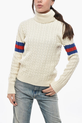 Cable Knit Wool Blend Sweater with Contrasting Bands