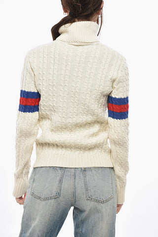 Cable Knit Wool Blend Sweater with Contrasting Bands