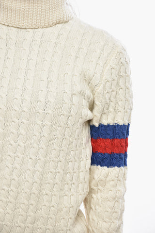 Cable Knit Wool Blend Sweater with Contrasting Bands