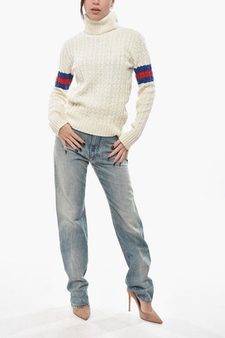 Cable Knit Wool Blend Sweater with Contrasting Bands