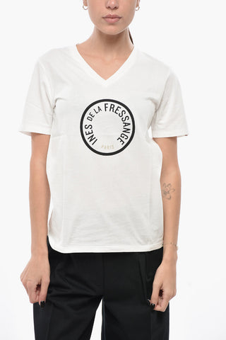 T-Shirt aus Baumwollmischung mit V-Ausschnitt und bedrucktem Logo