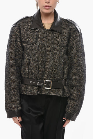 Cappotto Biker in Tweed con Dettagli in Pelle