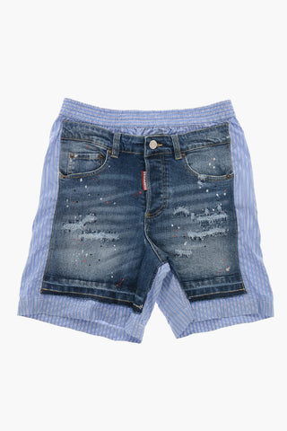 Denim and Poplin Shorts with Distressed Details