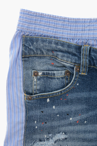 Denim and Poplin Shorts with Distressed Details