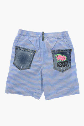 Denim and Poplin Shorts with Distressed Details