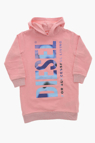 Angerautes Baumwoll-Hoodiekleid DREBI mit Logo auf der Vorderseite