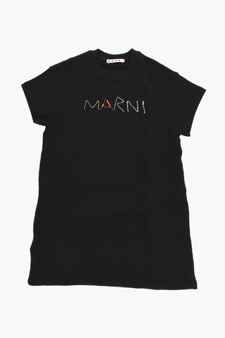 Vestito in Felpa a Maniche Corte con Logo Impreziosito da Perline
