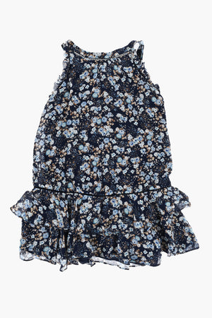 Vestito in Tulle a Fantasia Floreale con Abbottonatura Frontale