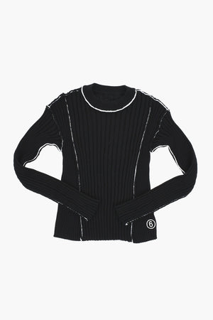 MM6 Gerippter Rundhalspullover mit Kontrastbesätzen