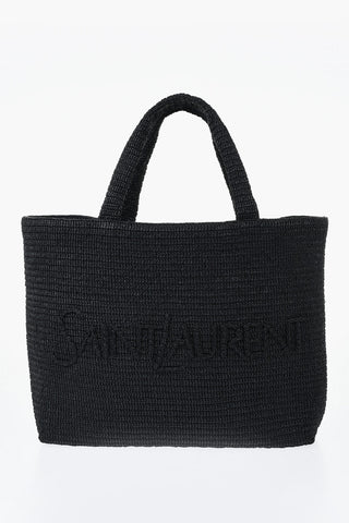Maxi Borsa Tote in Rafia con Logo in Rilievo Tono su Tono