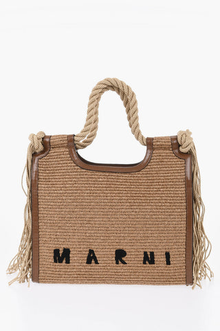 Handtasche aus Raffia mit Fransen und Lederdetails