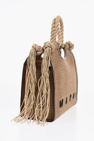 Handtasche aus Raffia mit Fransen und Lederdetails