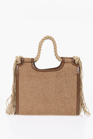 Handtasche aus Raffia mit Fransen und Lederdetails