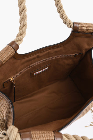 Handtasche aus Raffia mit Fransen und Lederdetails