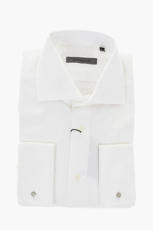 Camicia in Cotone a Motivo Herringbone con Gemelli