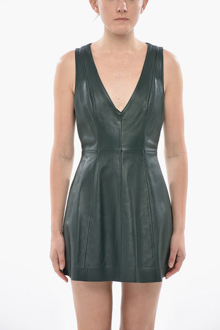 가죽 플레어 미니 드레스 V넥