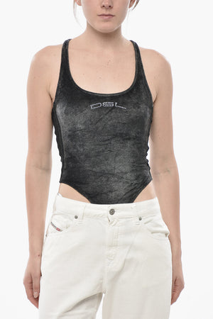 Body Racerback T-VATELY in Ciniglia Effetto Sbiadito con Logo in Strass