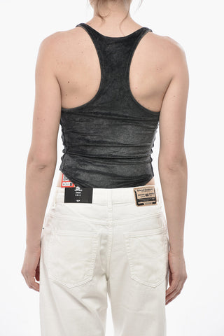 Chenille Racerback Bodysuit T-VATELY with Faded Effect and Rhinestone Logo