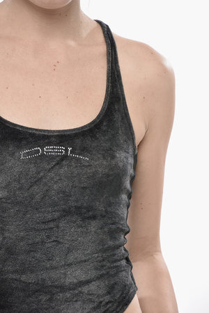 Body Racerback T-VATELY in Ciniglia Effetto Sbiadito con Logo in Strass