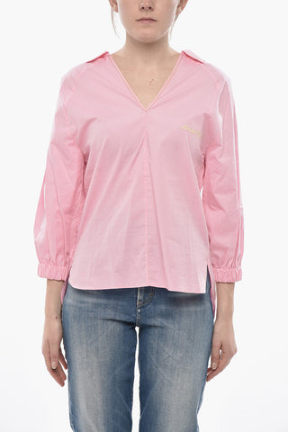 Poplin Blouse With V-Neck And Embroidered Logo