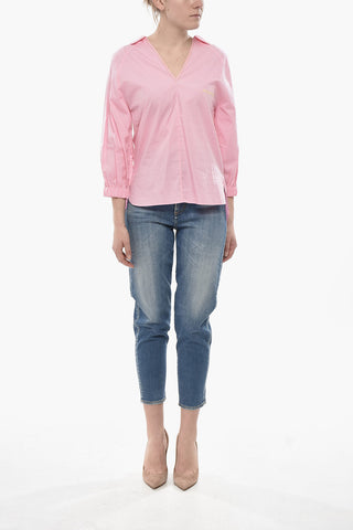 Poplin Blouse With V-Neck And Embroidered Logo