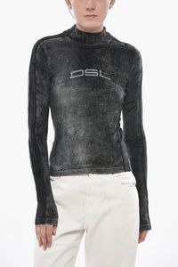 Mock-neck Chenille Top T-SLIM-N1 with Rhinestone Logo