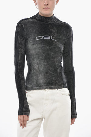 Stehkragen-Top T-SLIM-N1 aus Chenille mit Strass-Logo