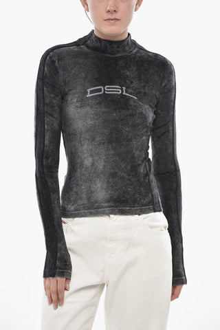 Stehkragen-Top T-SLIM-N1 aus Chenille mit Strass-Logo