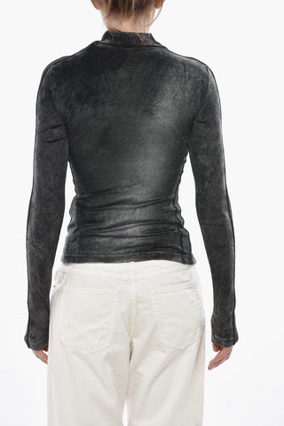 Stehkragen-Top T-SLIM-N1 aus Chenille mit Strass-Logo
