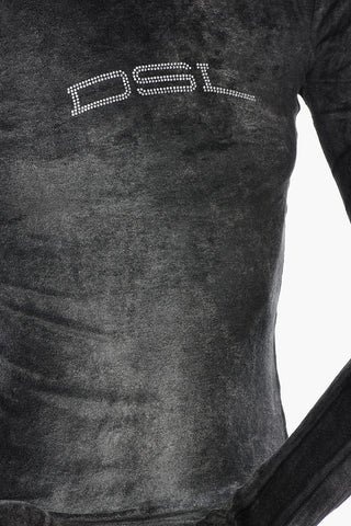 Stehkragen-Top T-SLIM-N1 aus Chenille mit Strass-Logo