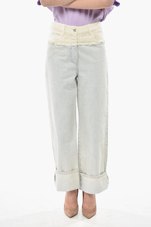 Cropped Fit Jeans With Cuffed Hem And Tweed Detail 26cm