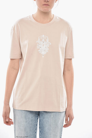 Baumwoll-T-Shirt mit Rundhalsausschnitt, Front Stmpa und Kristallen